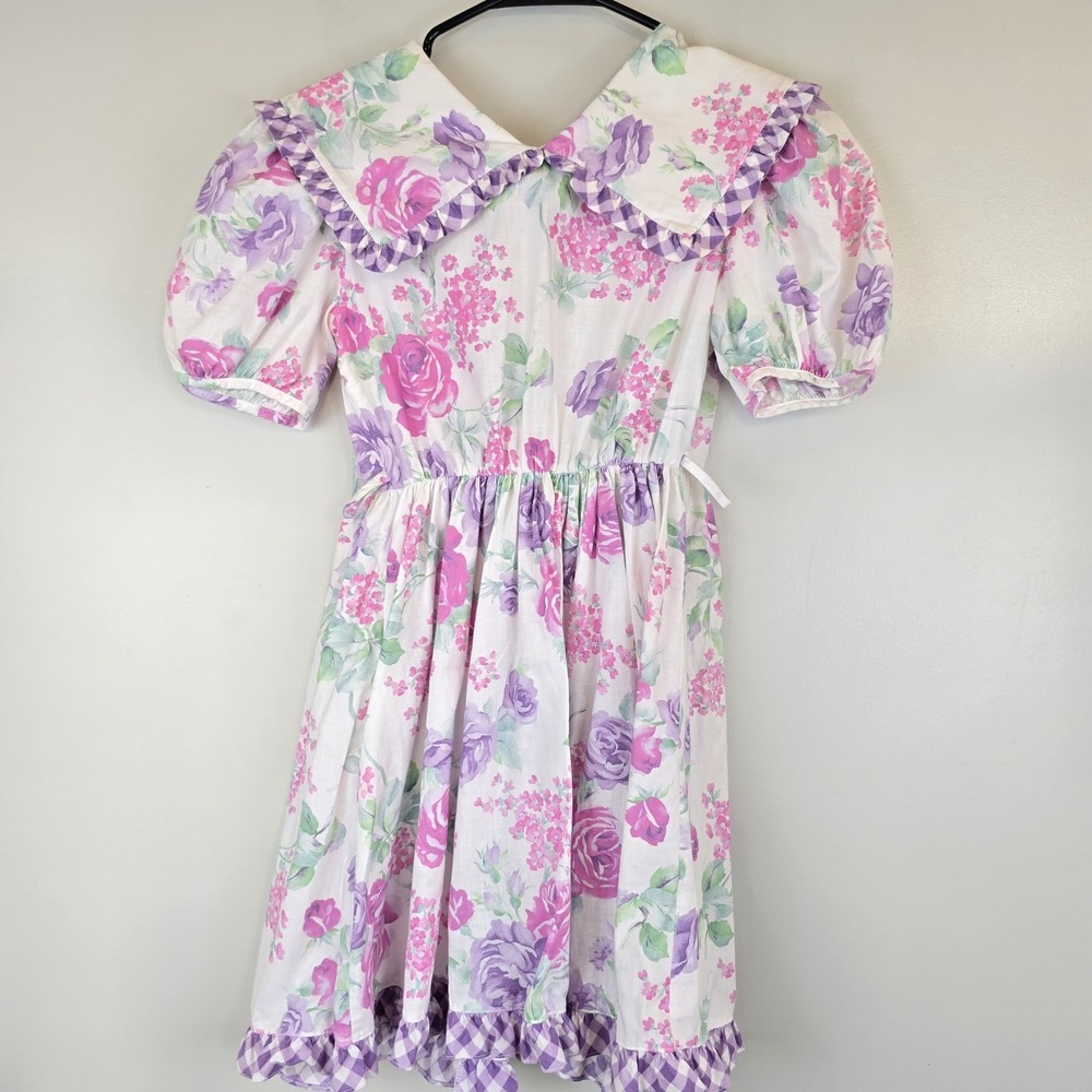 Vintage Le Maj Dress Girls Sz 12 Short‎ Sleeve Withe Floral.A73